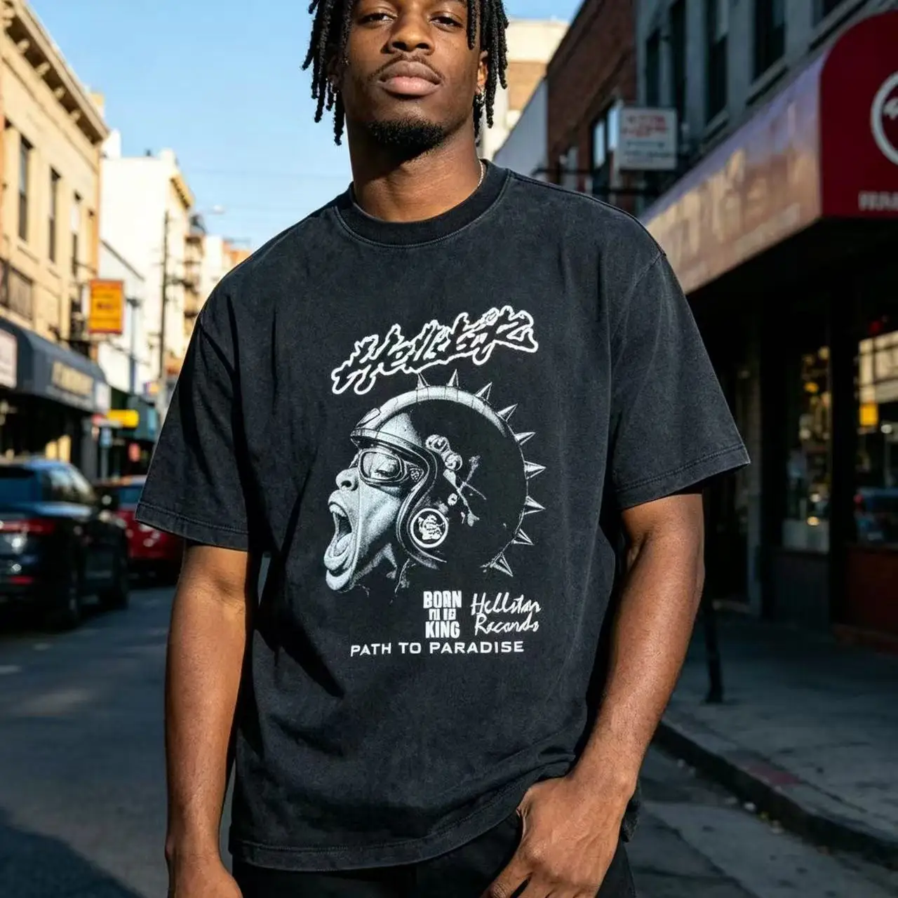 Retro Washed American Trendy Brand Helmet Print Heavyweight Summer Loose Pure Cotton Short Sleeve T-Shirt Streetwear Hip Hop