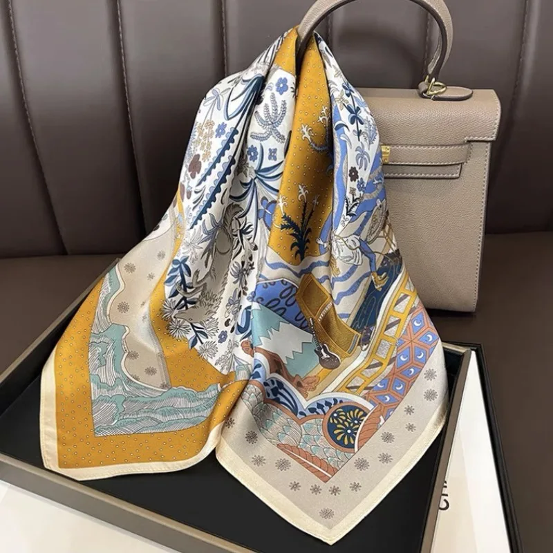

Fashion Yellow Blue Floral Print Satin Square Scarf Women Soft Neck Scarves Versatile Neckerchief for Hair Tie Bag Accessory