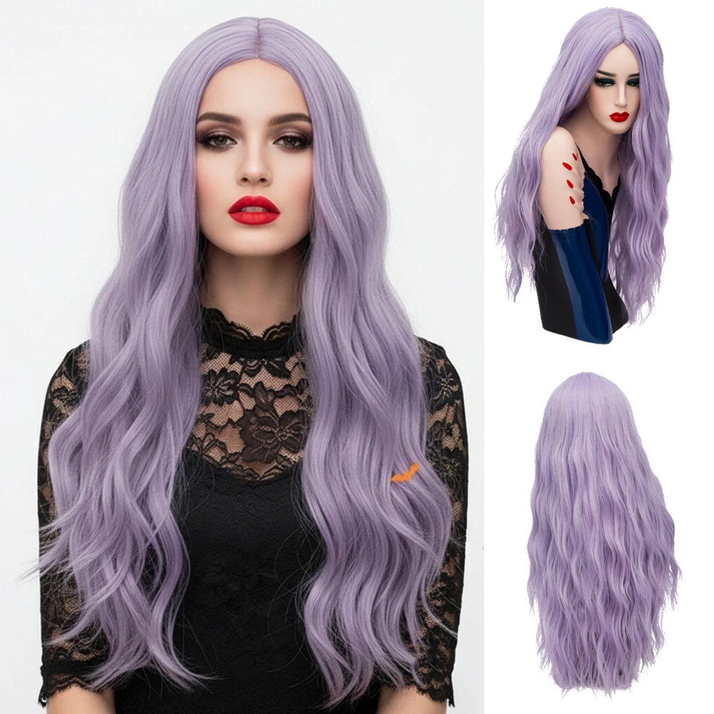 

Длинный волнистый фиолетовый парик со средней частью для женщин, синтетический, термостойкий, естественный вид для косплея на Хэллоуин и повседневный гламурный вид