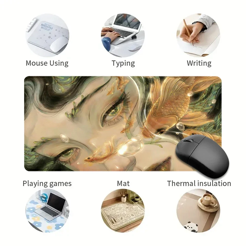 Girl Eyes Mouse Pad Large Desk Accessories Desk Pad Rubber Base with Stitched Edge Mousepad Non-Slip Deskpad for Office