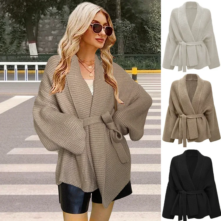 Autumn Winter V Neck Knit Cardigan for Women, European American Style Loose Lace Up Tie Sweater Female Casual Outerwear