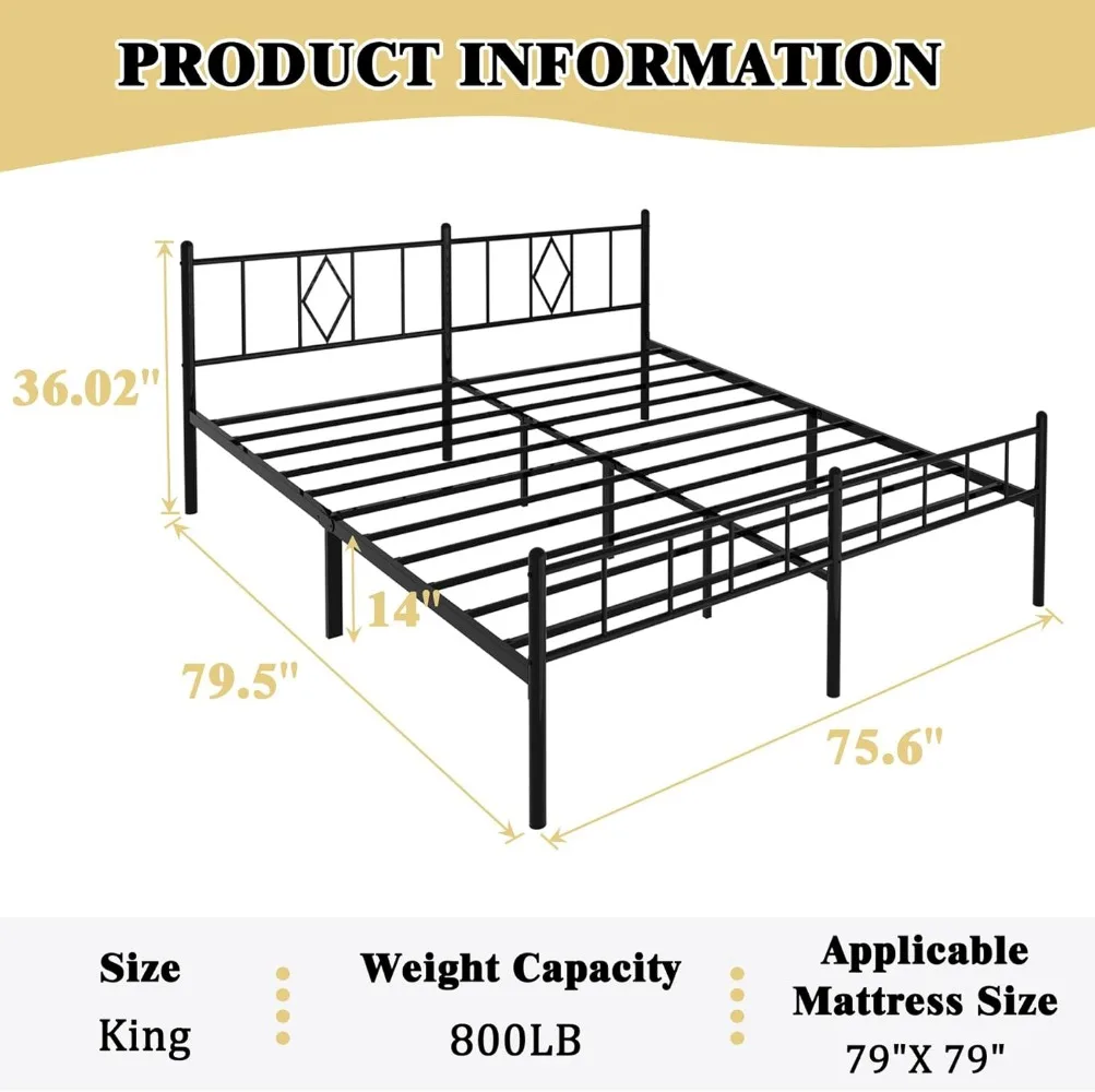 King Size Bed Frame W/ Headboard & Footboard 14 in Heavy Duty 650 Lbs Bed Frame King Size No Box Spring Needed Easy To Assemble