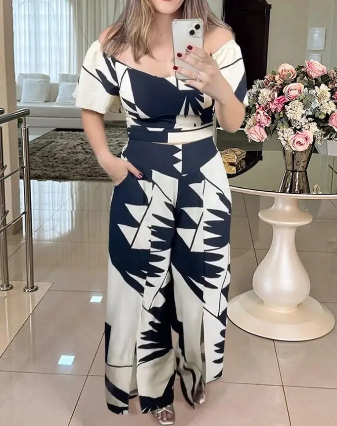 

Women's Elegant Suit 2025 Spring Summer Latest Style 2-Piece Printed Ruffle Shirt Top High Waist Casual Wide Leg Split Pants Set