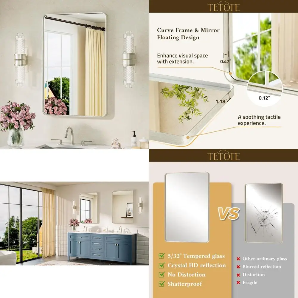 

20x30 Inch Modern Farmhouse Style Tempered Glass Wall Mirror with Brushed Nickel Frame