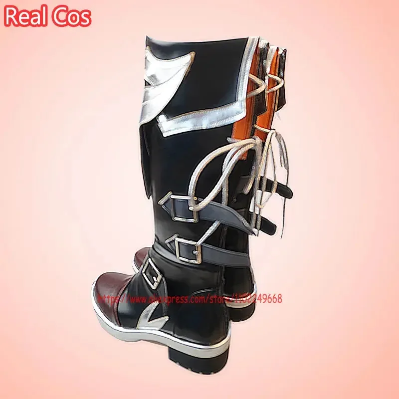 RealCos juego popular Genshin Impact Diluc zapatos rojo oscuro nueva piel toda la noche Cosplay botas de cuero Unisex juego de rol Halloween