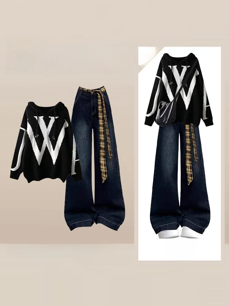 

Retro Korean Sle College Faion Knitted Sweater And Wide Leg Jeans Women's Two Piece Set Autumn Season Casual Wear