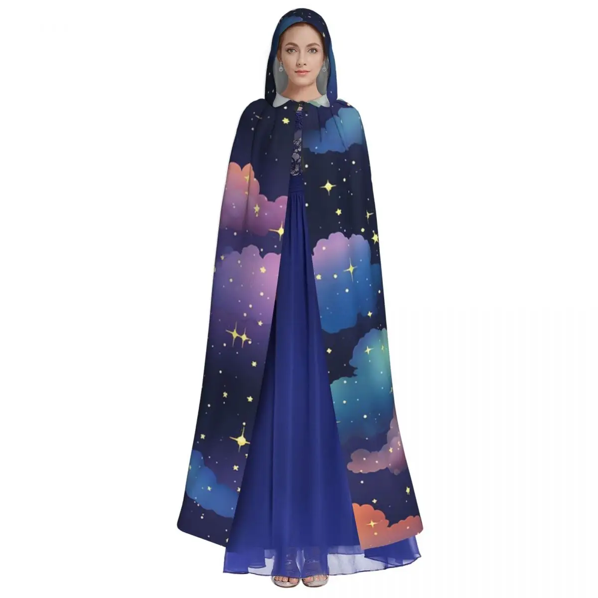 السماء الليلية الملونة مليئة بالنجوم اللامعة عباءة طويلة مقنعين الساحرة القرون الوسطى زي تأثيري كيب هالوين معطف الكبار للجنسين