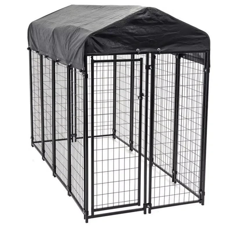 Metal Frame Pet Enclosure With Roof, Foldable Door Outdoor Yard Fence