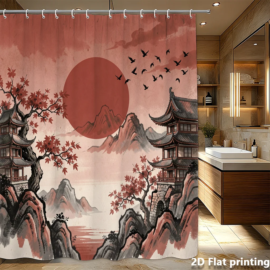 

Shower Curtain 71x71" Chinese Ink Landscape: Red Maple, Pagodas, Sun—Waterproof, Grommet, Machine Washable