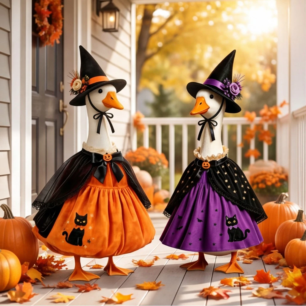 New Halloween Porch Desk Goose Costume Set 23 Inch Gardener Pumpkin Witch Outfit with Hat Cape Garden Outdoor Statue Decor