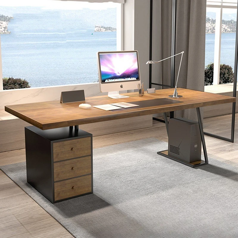 Study solid wood desktop computer desk log workbench with chest of drawers boss home office