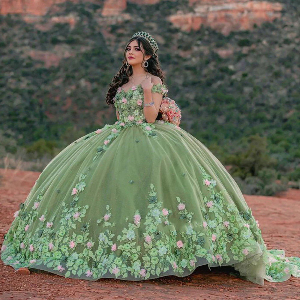 Angelsbridep vestidos quinceanera verde sage 3d flores artesanais apliques florais vestidos de baile de renda vestidos de xv anos personalizados