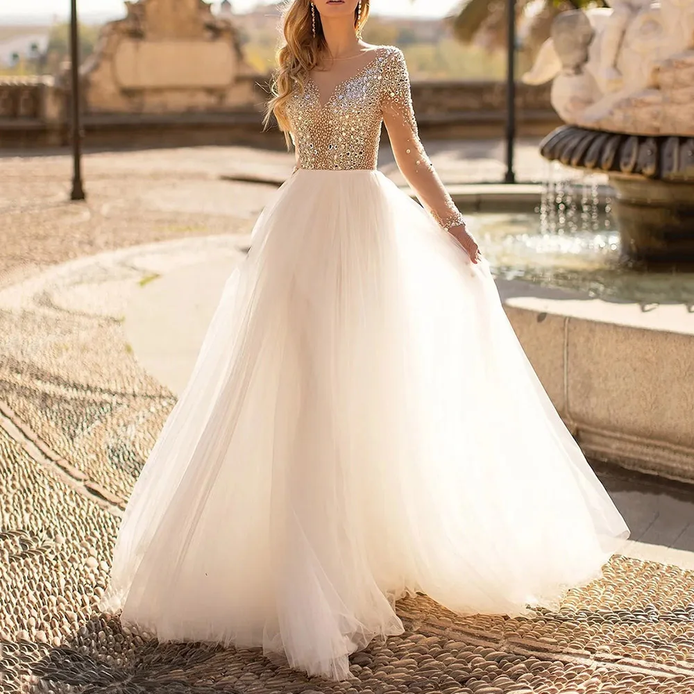 Vestido De Novia De corte en A, traje De manga larga con cuello en V, cuentas De cristal, tul, estilo bohemio, 2023