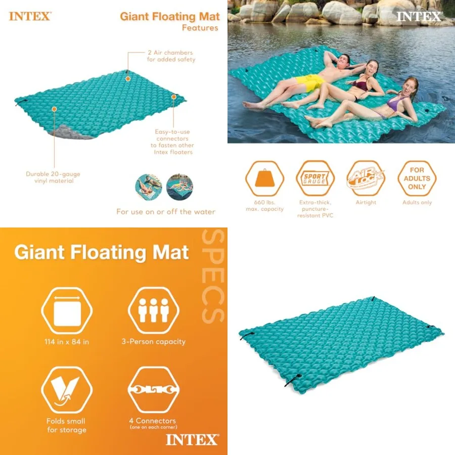 

56841EP Giant Inflatable Floating Water Mat Relaxing Platform Pad for Pools and Lakes with 4 Connect 'n Float Connectors, Teal