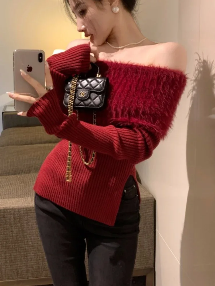 Sweaters Women Slim Sexy Temperament Side Slit Panelled Prevalent Slash Neck Advanced Streetwear Holiday Elegant Off Shoulder