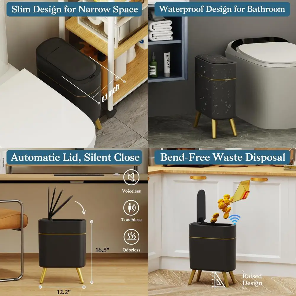 

Motion-Activated Slim Trash Bin, 2.5 Gallon Black Waste Basket for Bathroom, Kitchen, Living Room