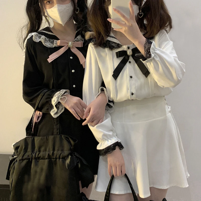 Japanese Kawaii Girl Cute Lolita Shirt Y2k Aesthetic Lace Patchwork JK Blouse Tops 2024 Women Harajuku Long Sleeve Bow Blusas