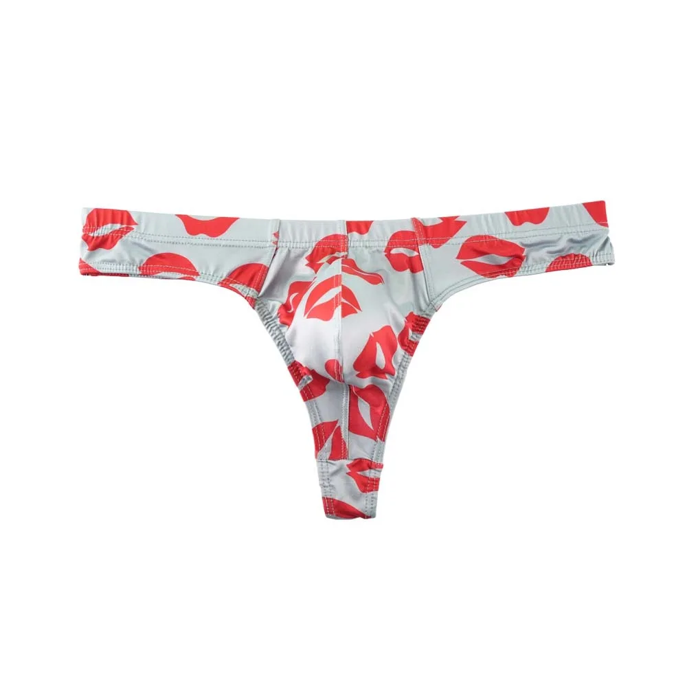 

Comfortable Ice Silk Men Lip Pattern Thongs with Mouth Print Low Waisted Men's Panties T-back Red Lip Underpants Male