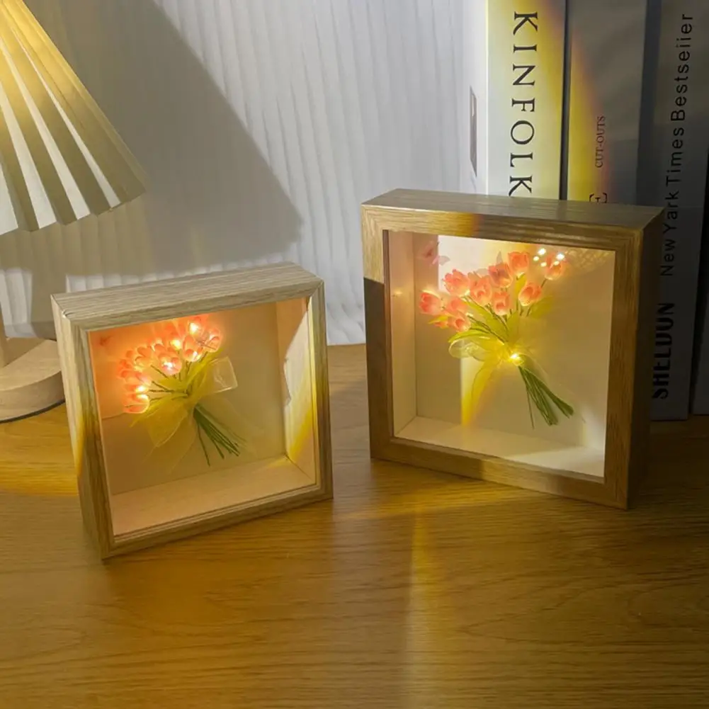 Handmade Artificial Tulip Eternal Flower Picture Frame Night Light DIY Material Bedside Sleep Light Home Ornament Birthday Gift