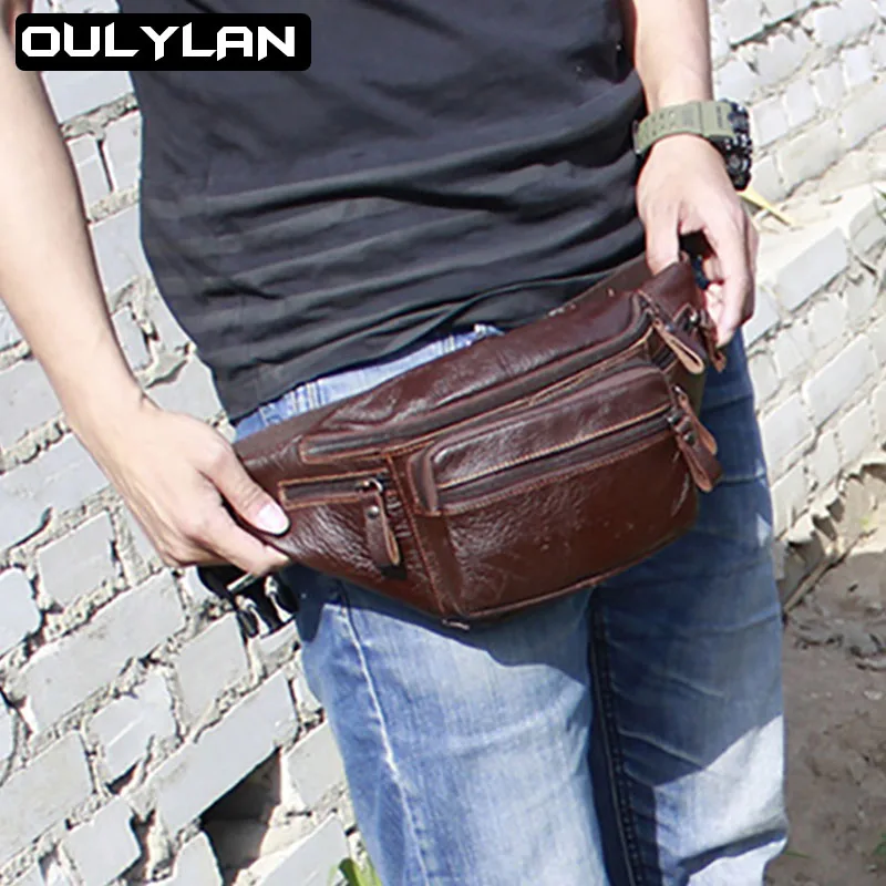 New Large Size Chest Bag Super Soft Leather Men\'s Business Casual Pocket Solid Color Cowhide Waterproof Backpack Waist Bags