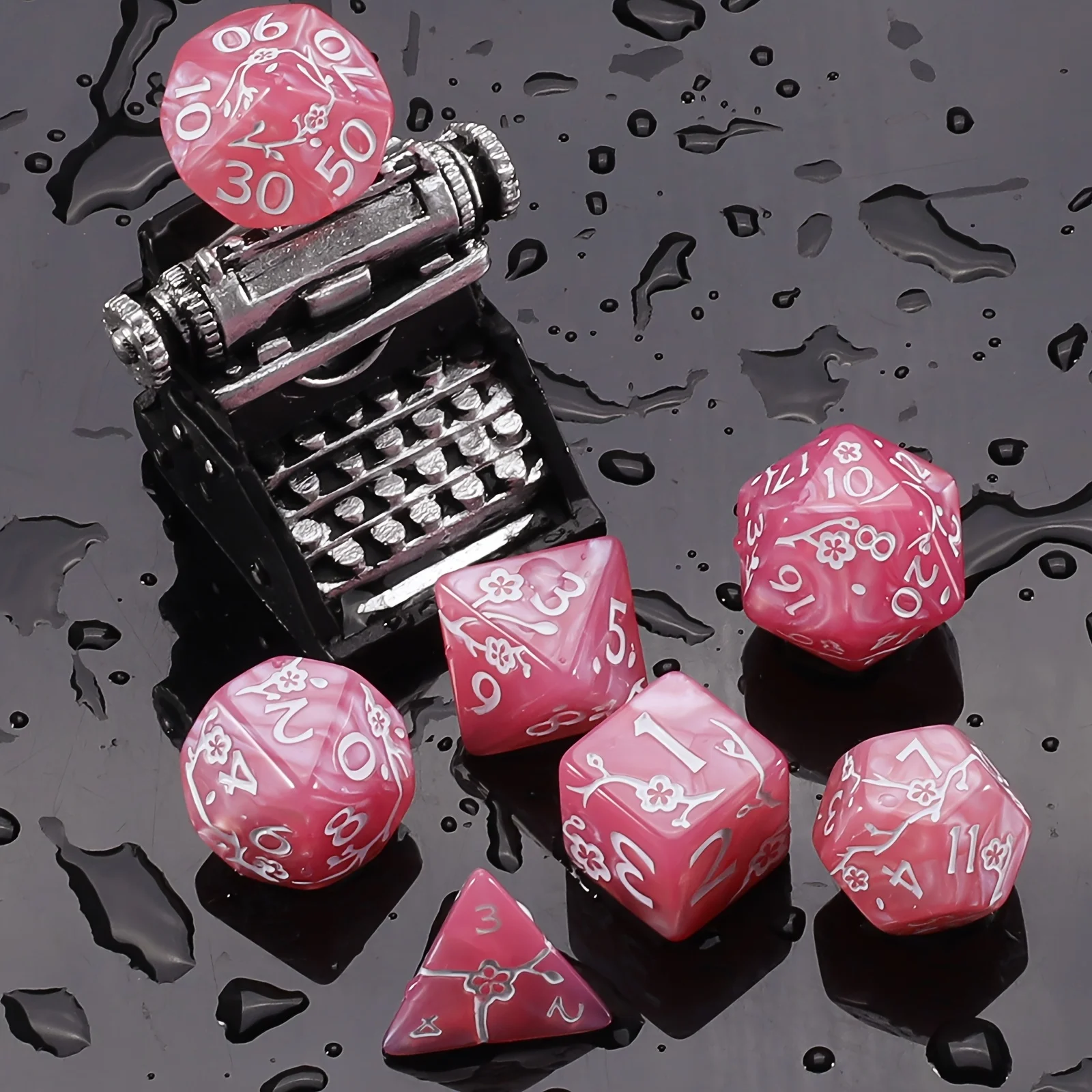 DND Würfelset - 7-teiliges Pflaumenblüten-Polyeder-Würfelset für D&D RPG MTG Rollenspiele Tischspiele & DM & Goblin-Würfel – Detail 3