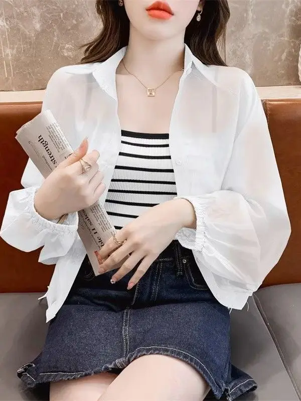 High-End Women's Summer Lightweight Loose Casual Sun Protection Shirt Thin Short Coat Outerwear Silk Blend Long Sleeve Blouse