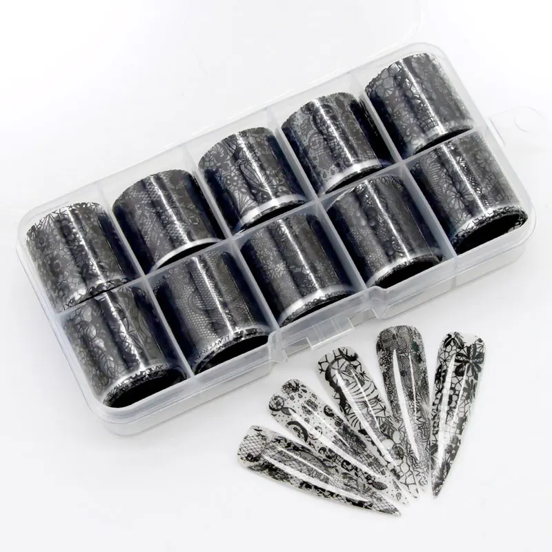 10 لفات 2.5*100 سنتيمتر أسود أبيض الدانتيل مسمار رقائق نقل ورقة مسمار الفن ملصقات شريط الدانتيل DIY بها بنفسك مانيكير التصميم الزينة #5