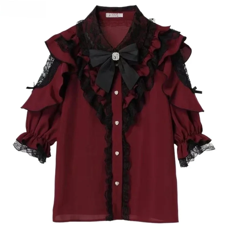

Японские готические рубашки с бантом в стиле Лолиты, женские милые Y2k, кружевные блузки с оборками и короткими рукавами, топы, летние женские винтажные блузки в стиле панк