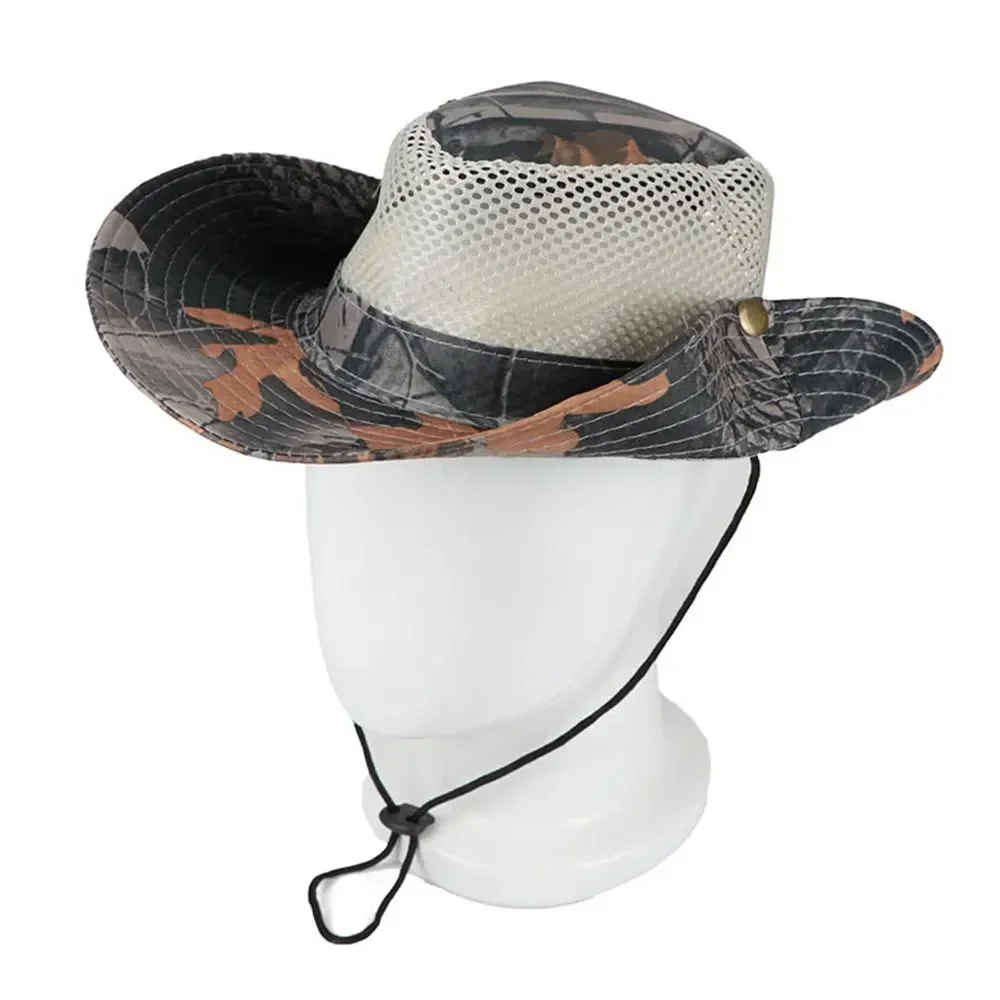 야외용 햇빛 차단 모자 사냥 낚시 모자 넓은 챙 통기성 메쉬 위장 잎사귀 모자 남성용 햇빛 차단 모자 정글 낚시꾼 모자