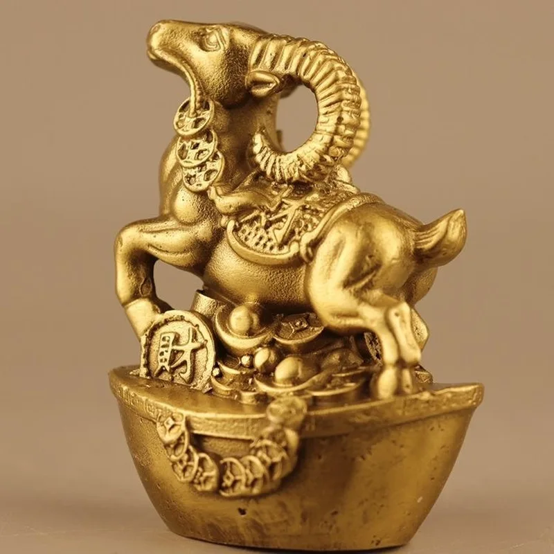 Ornament, Brass Leading Ram with Money Coins, Auspicious Mascot for Home Living Room, Craftsmanship, Opening Gift
