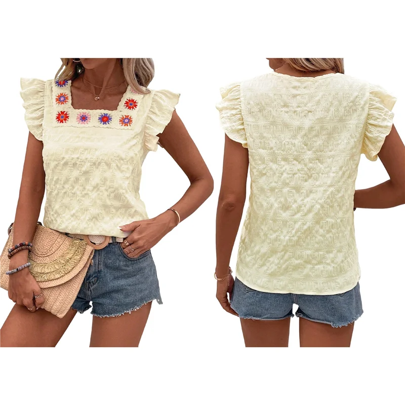 

ASDS-Women's Floral Embroidery Blouse Flutter Sleeve Square Neck Textured Summer Shirt