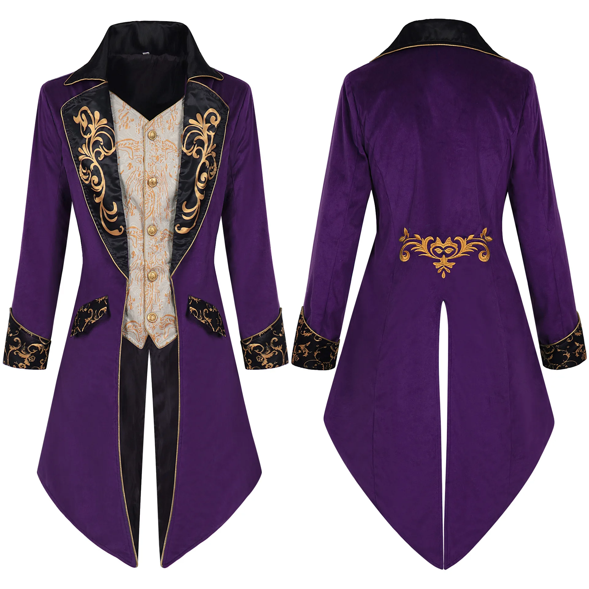 Men Steampunk Gothic Victorian Jacket Vintage Purple Velvet Tailcoat Medieval Frock Coat Uniform Renaissance Costume Homme XXXL