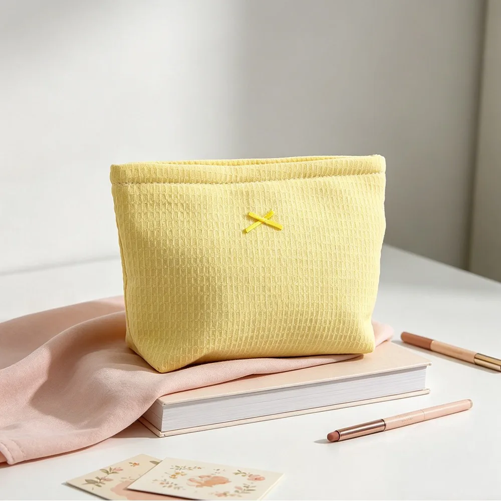 1pc Cute Waffle Knit Makeup Bag Bow Large Capacity Toiletry Bag Cosmetic Pouch Home Travel