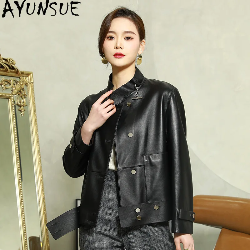 AYUNSUE 진짜 양피 정품 가죽 자켓 여성 2025 모토 & 바이커 코트 봄 가을 옷 짧은 스타일 Jaqueta De Couro