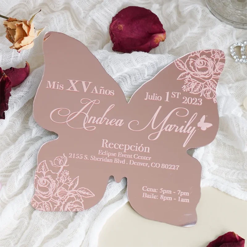 Custom Luxury Butterfly Mirror Acrylic Invitation Rose Gold Mirror Acrylic Birthday Wedding Card Unique Wedding Cards Invitation