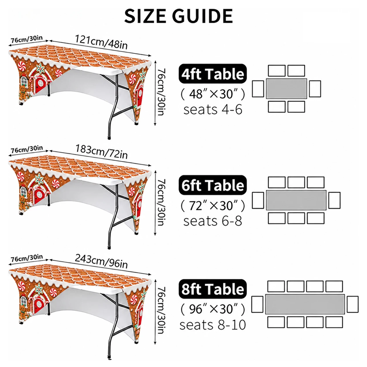 Christmas Gingerbread House Stretch Tablecloth Elastic Fitted Rectangular Table Cover Candy Cane Print Holiday Party Decoration