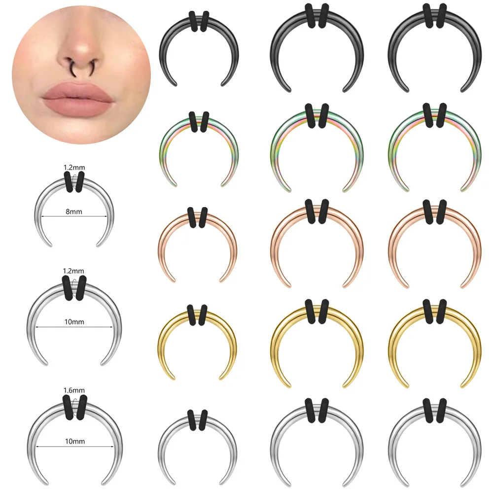 ZS 3PCS 14/16G Stainless Steel Pincher Septum Rings C Shape Buffalo Horn Nose Piercing Punk Black Ear Stretcher Expander Jewelry