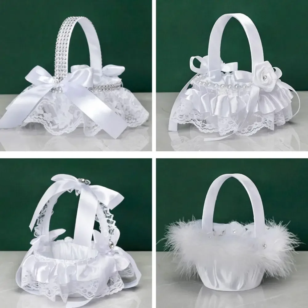 Simple White Flower Girls Basket Silk Hand Held Pearl Wedding Basket Bride Ceremony Party Decorations