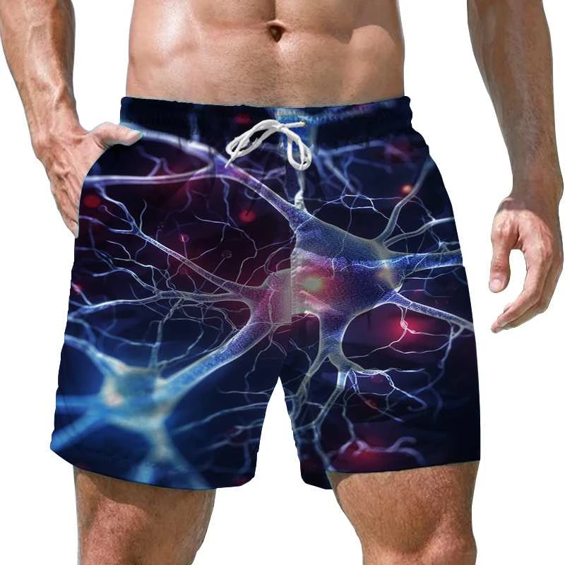 Calça de praia masculina impressa com células 3D, shorts de natação Harajuku Hip-Hop, shorts esportivos soltos unissex, verão, 2024