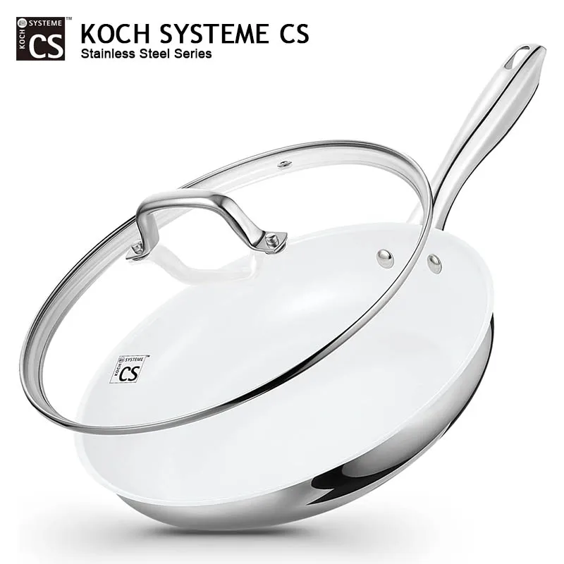 

KOCH SYSTEME CS 8/12'' Stainless Steel Frying Pan with Lid White Ceramic Coated Non-stick Frying Pan Steak Skillet Omelette pan