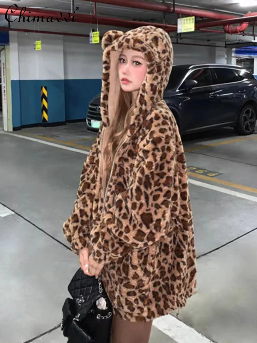 Leopard Print Plush Coat Autumn Winter New Fashion Bear Ears Preppy Style Thick Sweet Cute Cotton Clothing Kawaii Warm Jackets