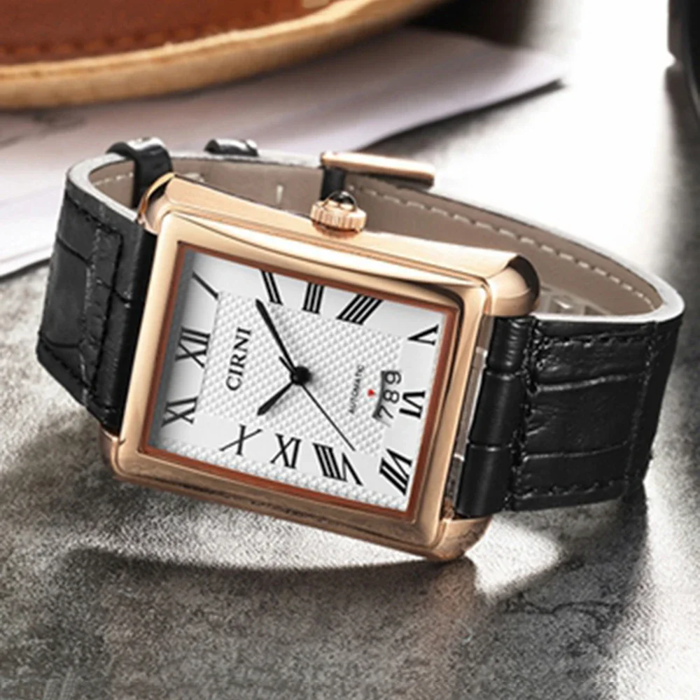 CIRNI Mens Automatic Watches Luxury Dress Watch Fashion Mechanical Wristwatch Business Rectangle Waterproof Golden Clocks 2022