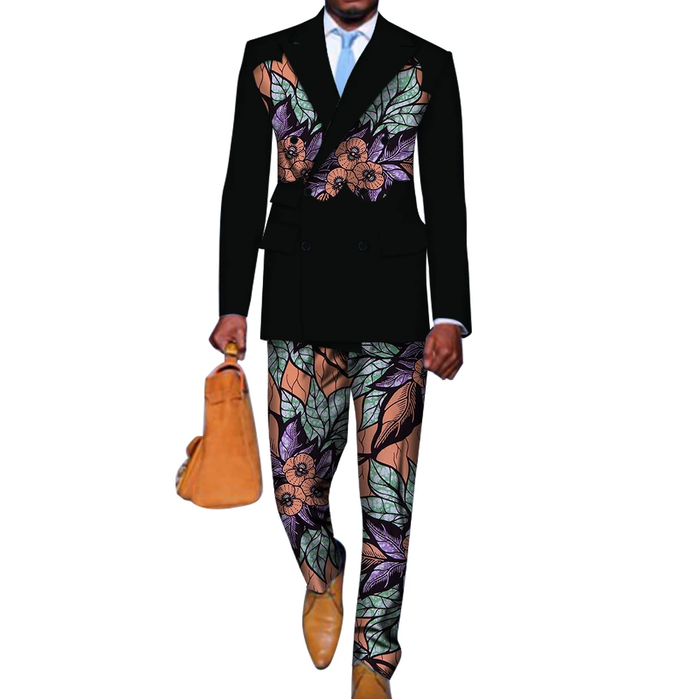 2 Pieces set Blazer and Pants Mens African Clothing Ankara Clothes Bazin Riche African Wax Print Top Suits and Pants Sets WYN740