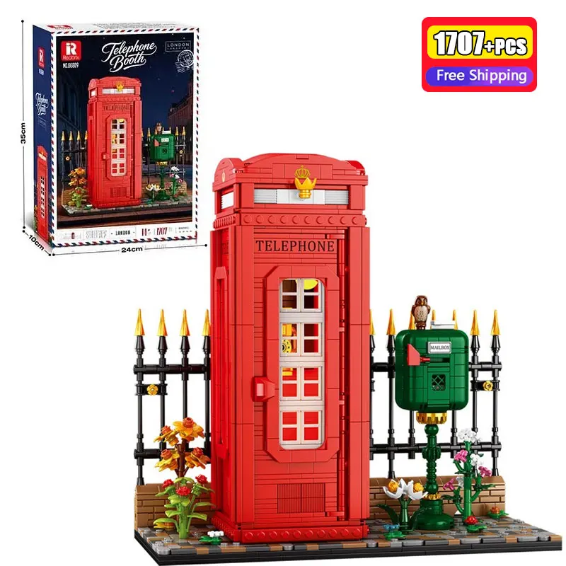 

1707Pcs British Red Telephone Booth Building Blocks Street View Model With Light Sensor LED Educational DIY Toys For Adults Kids