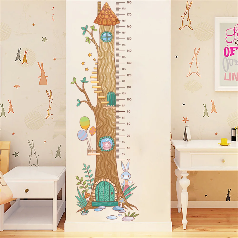 Cartoon Big Tree Animals Height Measure Wall Sticker Airship Rocket Wallpaper For Kids Room Nursery Child Growth Ruler Chart Art