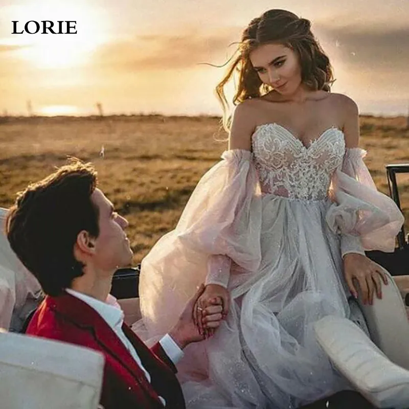 

LORIE Beach Sweetheart Neck Wedding Dress A Line Wedding Party Gowns With Detachable Puff Sleeve Lace Boho Bride Dresses 2022