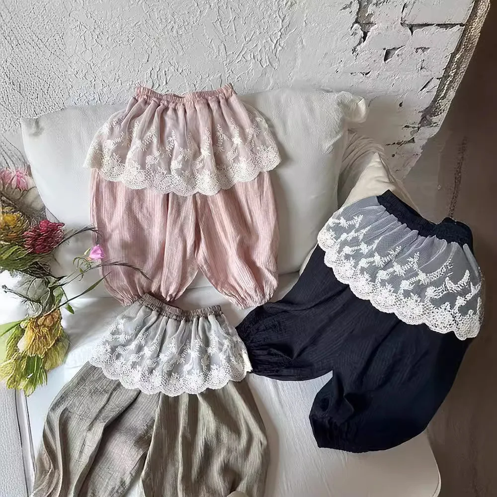 Baby Girl Pants Lace Border Mosquito Pants Children 2024 Summer New Korean Girls Lace Patchwork Bloomers Comfort Pants