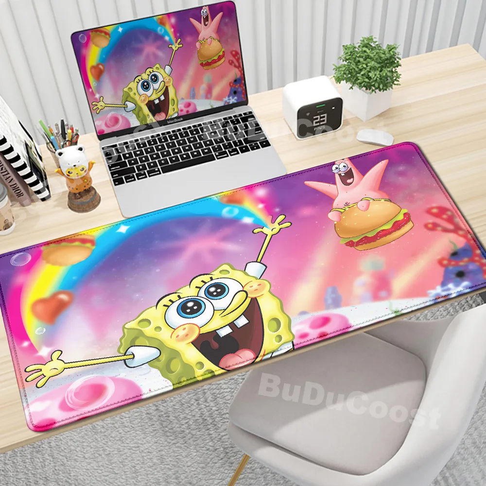 Kawaii Cartoon S-SpongeBobs Cute Mousepad XXL Office Big Deskmat Computer Game Lock Edge Keyboard Mice Mat Rubber Anti-slip Rugs