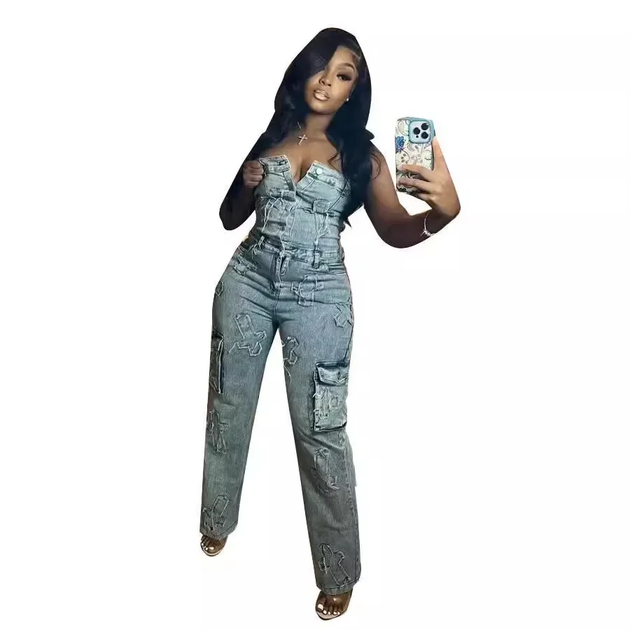 Women's Autumn New Fashion Strapless Embroidered Denim Jumpsuit Long Pants Wipe Chest Stretch Denim Straight Leg Jumpsuit Y2k