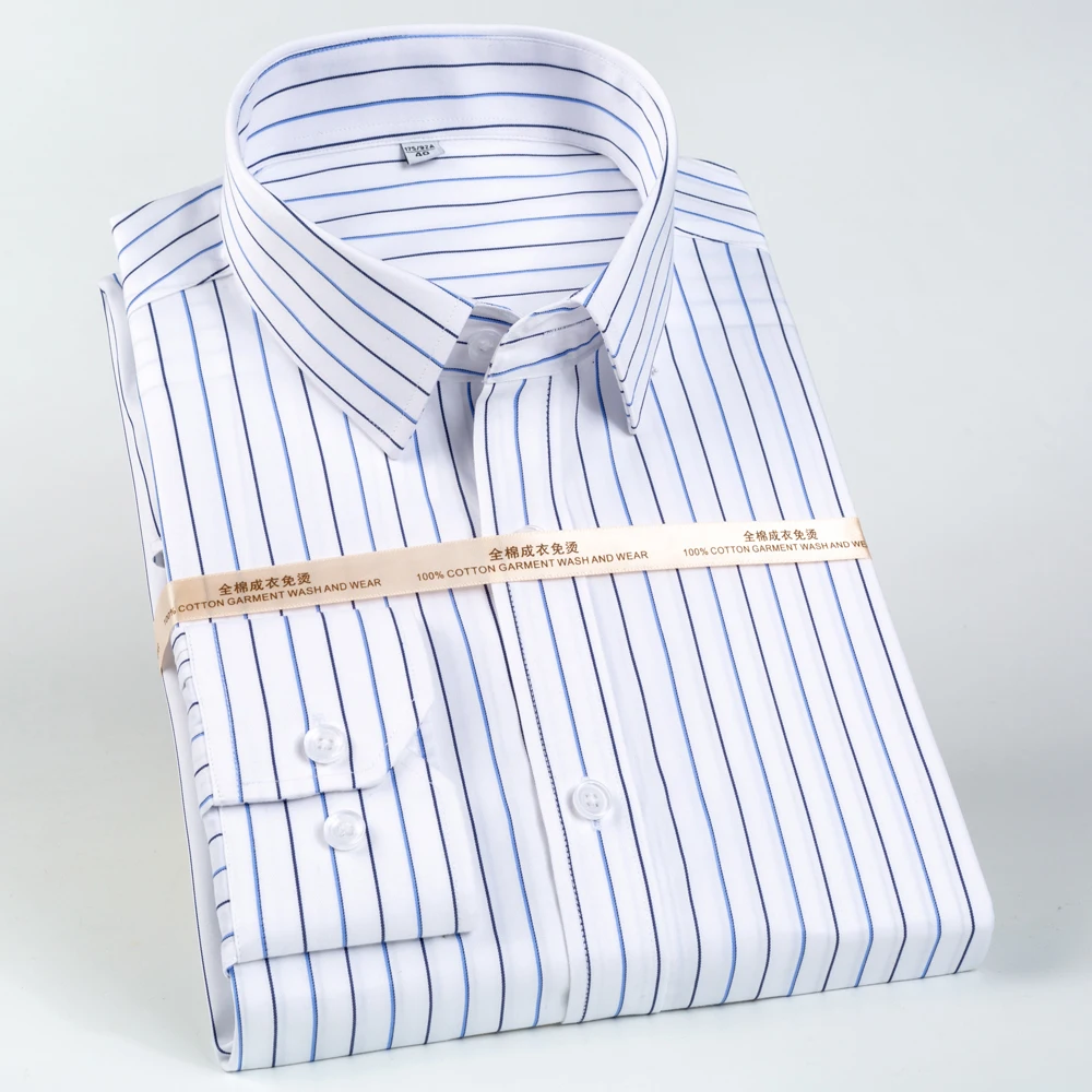 

Men's Classic Long Sleeve Non-Iron Striped Dress Shirts Removable Collar Stays Formal Business Regular Fit Pure Cotton Shirt